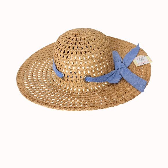 Open Weave Floppy Straw Hat Wide Brim Blue Bow Grommets Beach Cruise Resort Chic - Picture 7 of 16